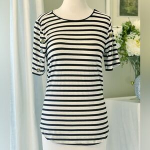 Round Neck stretch blouse - Black/White Stripe with Buttons on sleeve